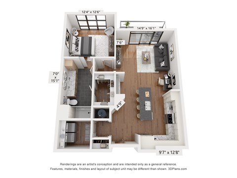 A floor plan of an apartment with a kitchen, living room, and two bedrooms.